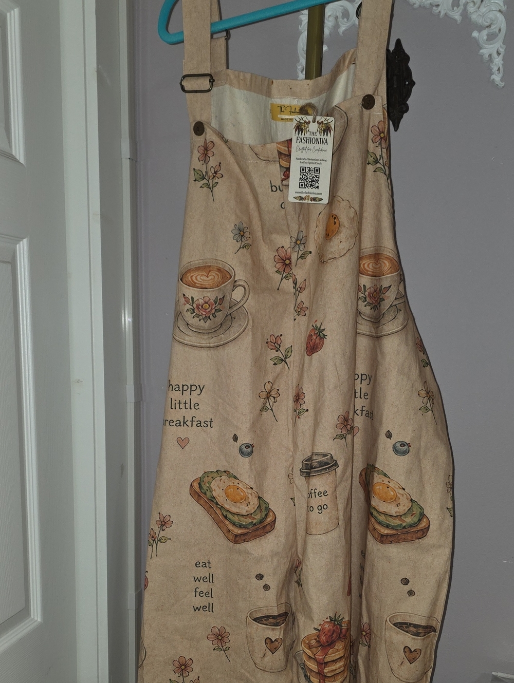 Beige Breakfast Brunch Theme Pinafore Overalls Wide Leg Cute Fun Boho ONE SIZE